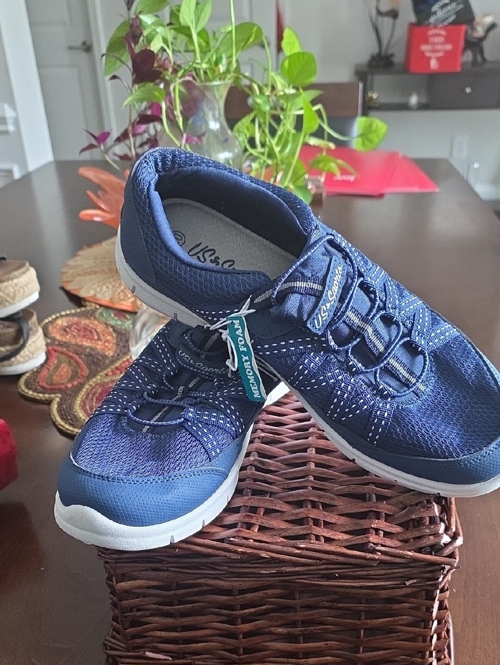 US SPORTS COMFORT Navy and White Slip-On Memory Foam Athletic Sneakers